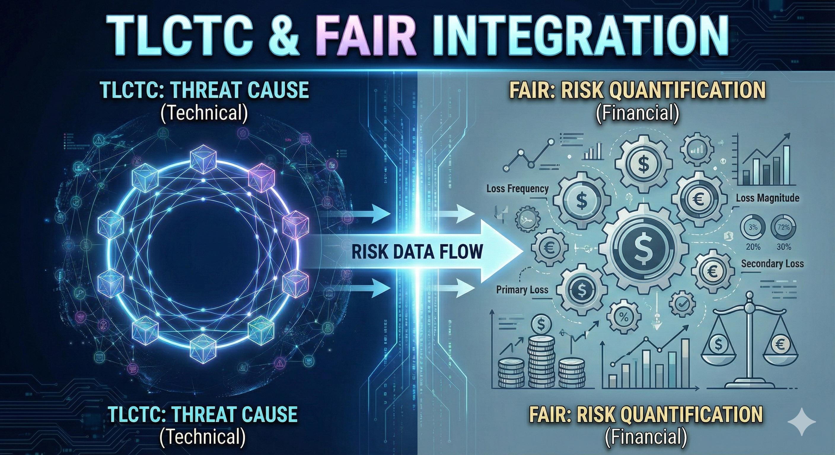 Illustration depicting the integration architecture between TLCTC v2.0 threat clusters and velocity data flowing into the FAIR quantitative risk quantification model's loss frequency and magnitude calculations.