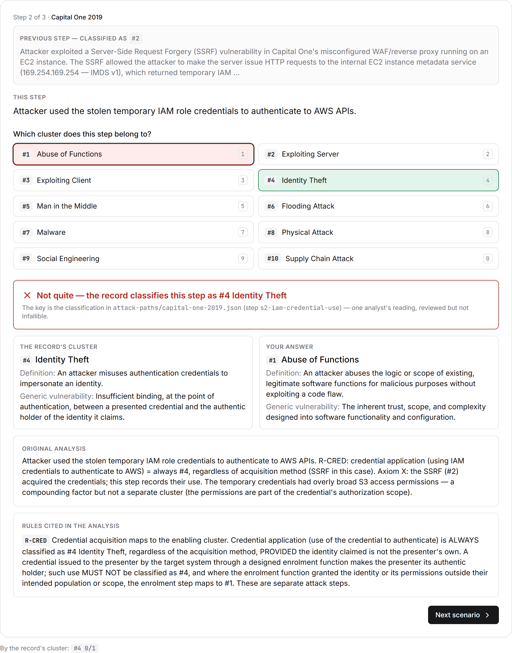 Classification Trainer practice view: the Capital One credential-use step, answered #1 while the record says #4, with both clusters' definitions and generic vulnerabilities, the original analysis and the cited rule R-CRED.